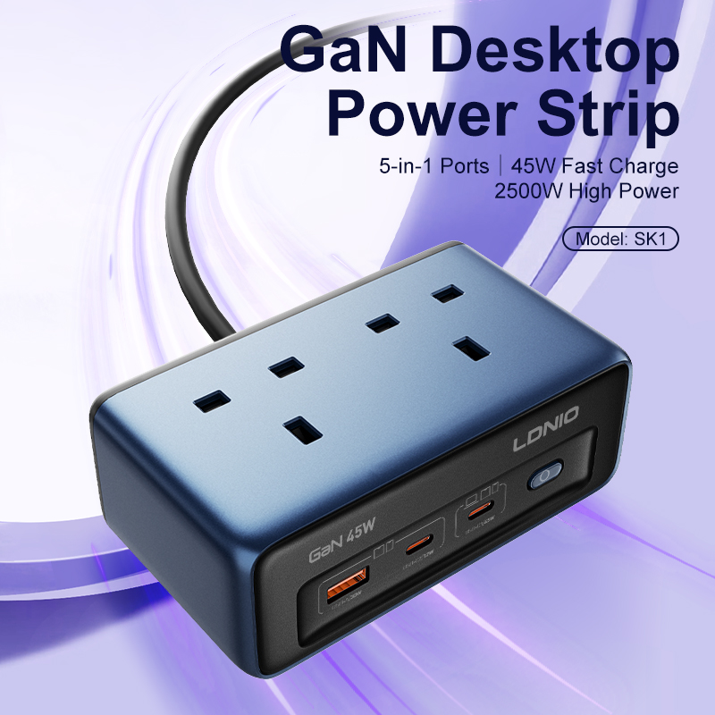 LDNIO SK1 5-In-1 Ports GaN45W Tower Extension Power Socket Multi-Plug Desktop Strip with PD USB-C