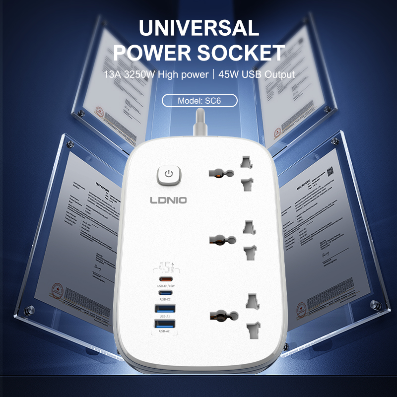 LDNIO SC6 3250W 3-Outlet Universal Power Strip with UK Plug, USB-A & USB-C Ports