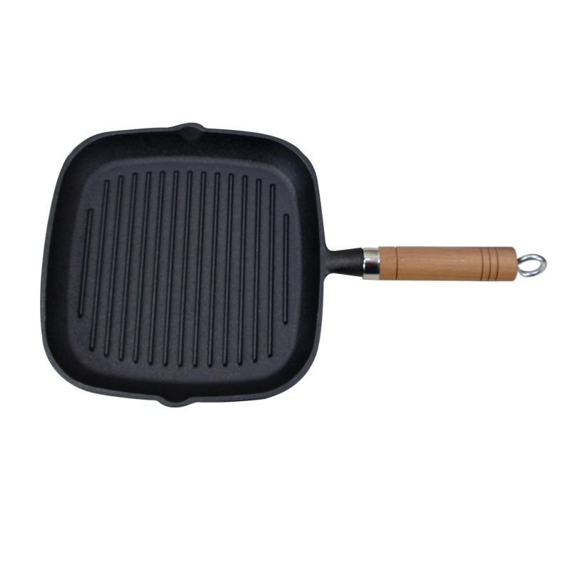 Square Cast Iron Grill Pan/Griddle Pan/Steak Grill Pan with Wooden handle