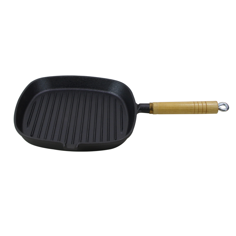Square Cast Iron Grill Pan/Griddle Pan/Steak Grill Pan with Wooden handle