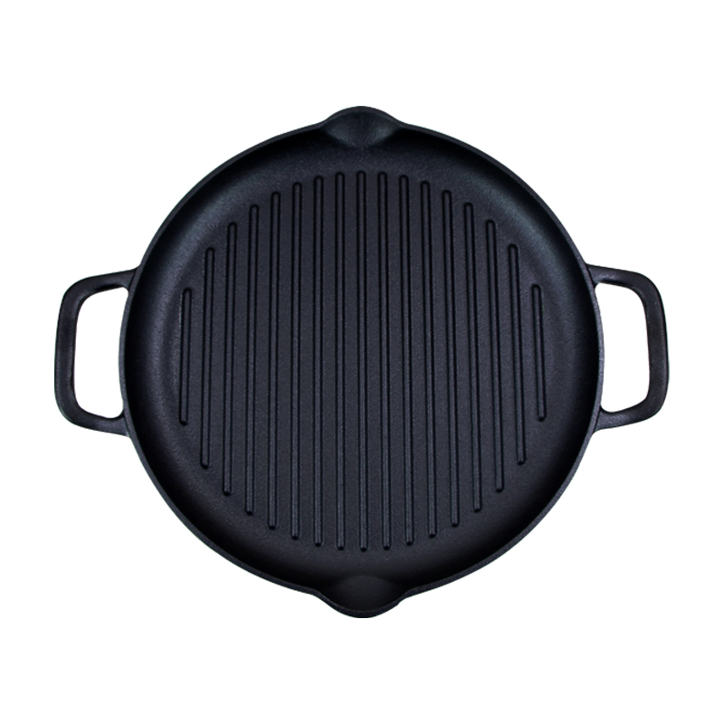 Round Cast Iron Grill Pan/Griddle Pan/Steak Grill Pan with Wooden handle