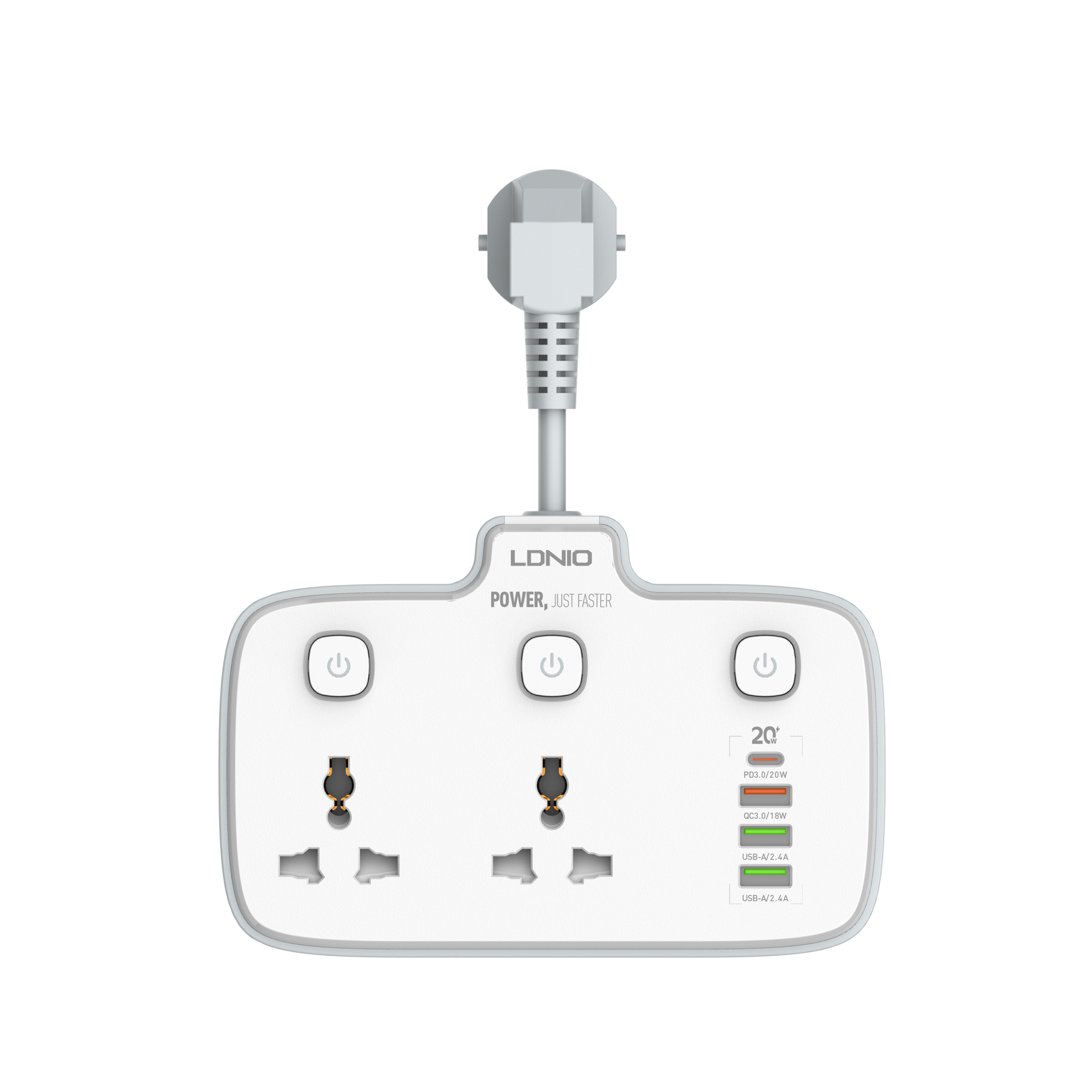 LDNIO SC2413 2500W 100-250V Extension Strip With 3 Usb Ports LED Light 2 Outlets Smart Power Strip