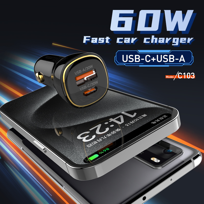 LDNIO C103 60W USB C Car Charger Dual C Cigarette Lighter Super Fast Car Charger Adapter