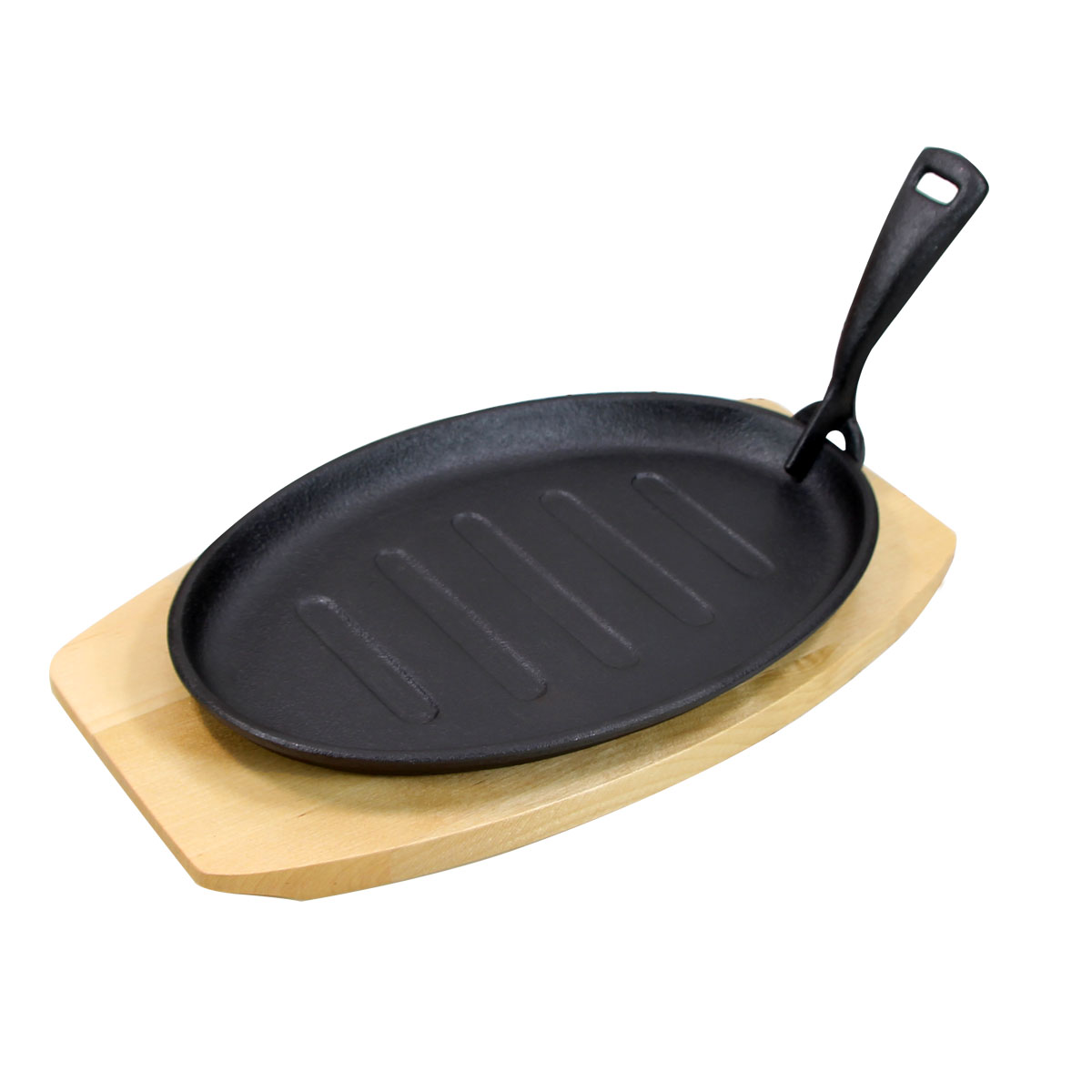 Cast Iron Sizzling Sizzler Platter Cast Iron Sizzling Serving Pan with Wooden Base Tray Stand Board