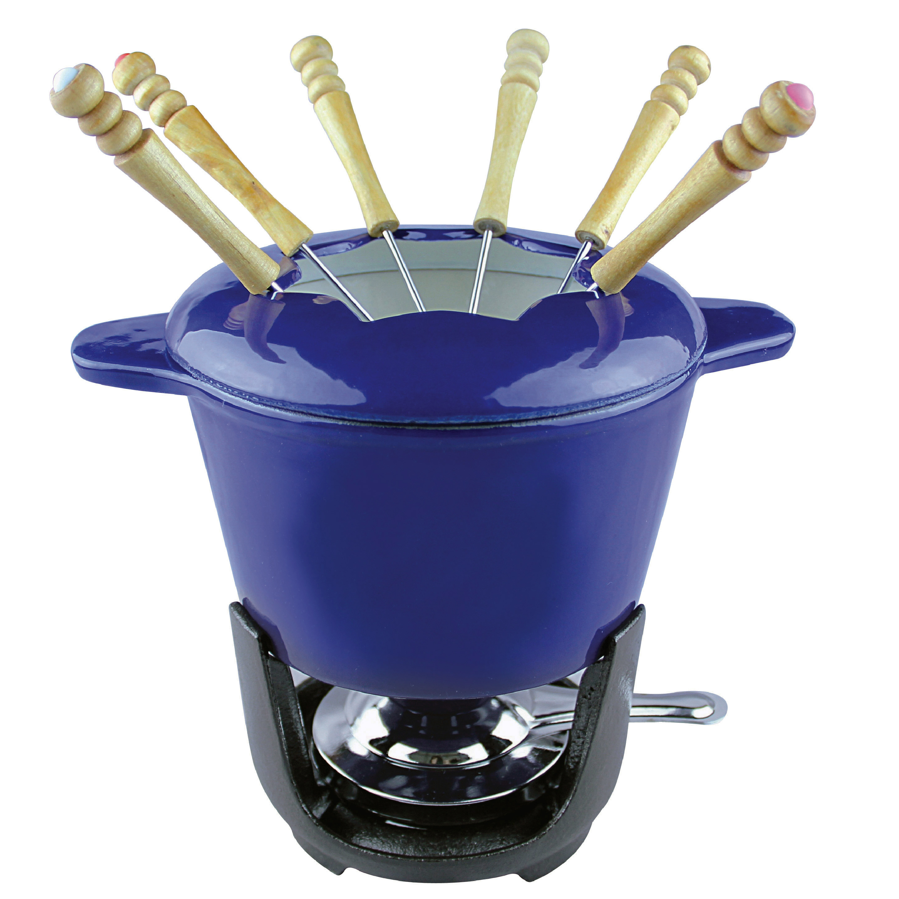 Enamel Cast Iron Fondue Pot Cheese Chocolate Fondue Set and 6 Fondue Forks/Alcohol Lamp