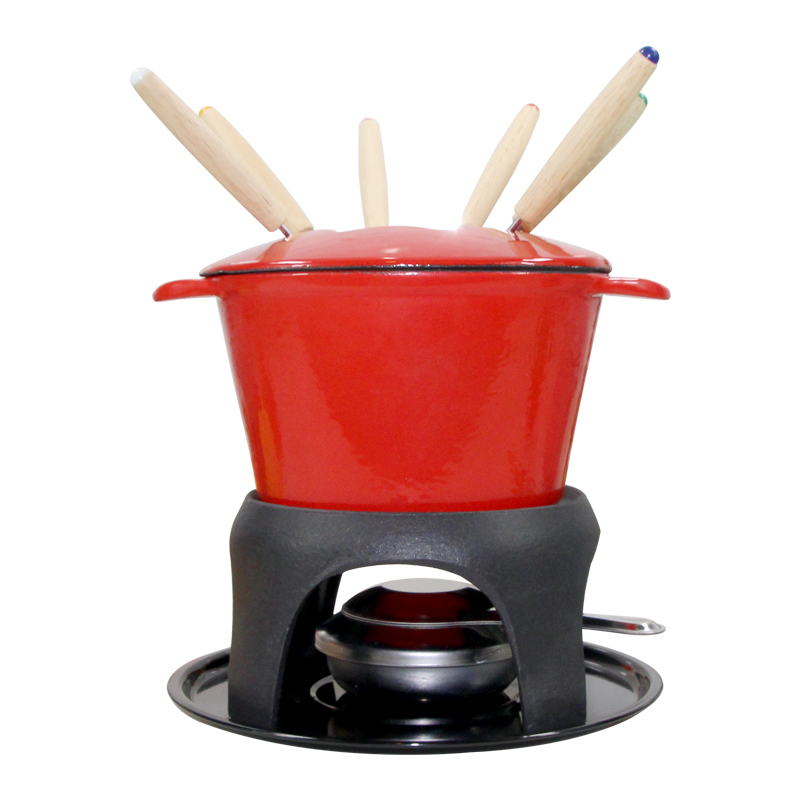 Cast iron Cheese Chocolate Fondue Set Red Orange Color Cast Iron Fondue Pot