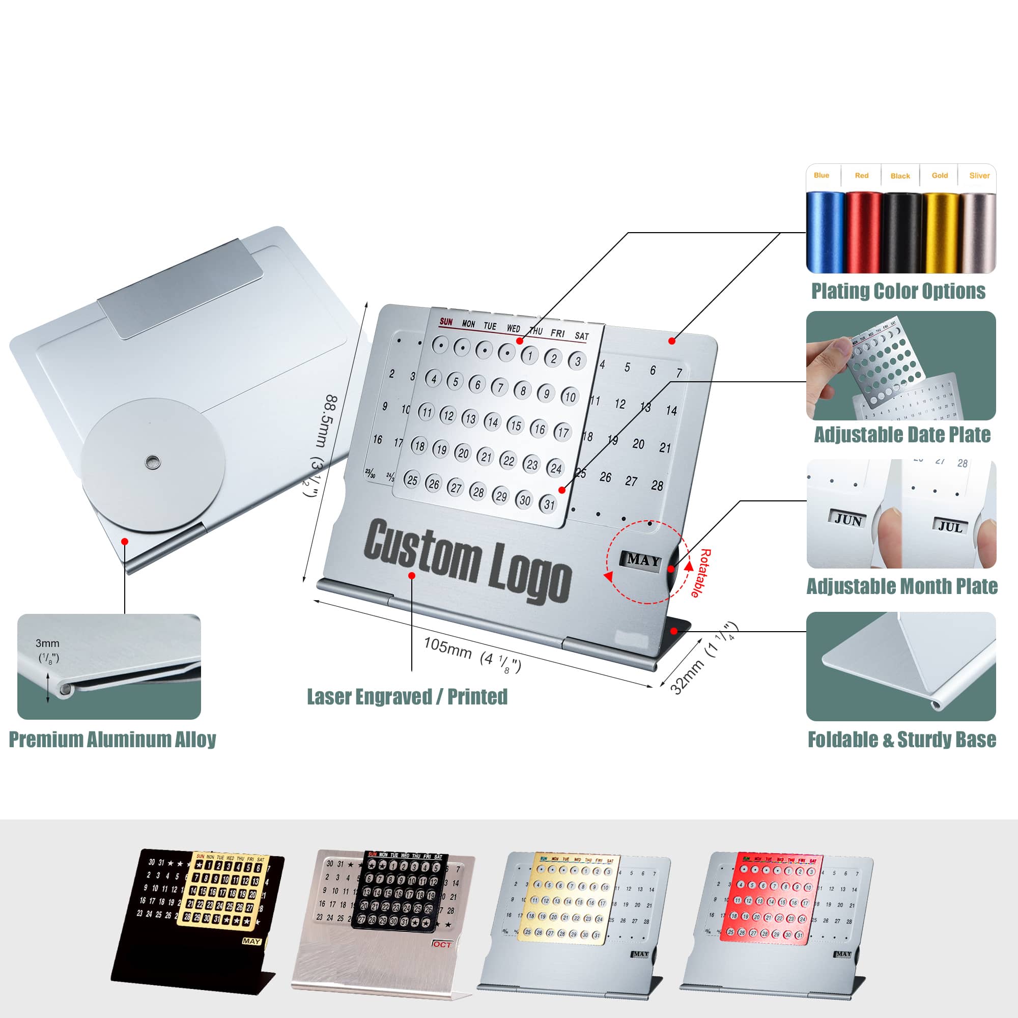 Custom Engraved/Printed Logo Aluminum Perpetual Calendar