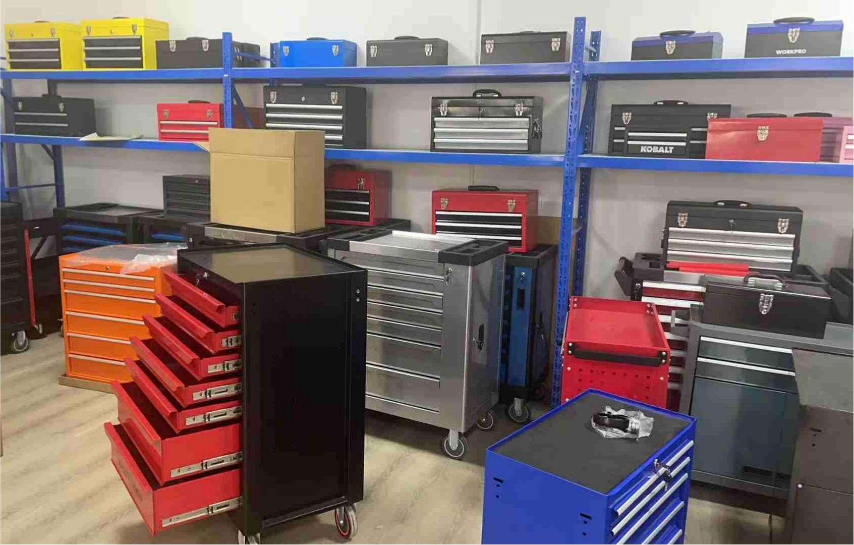 Various portable toolboxes with carts used by car mechanics