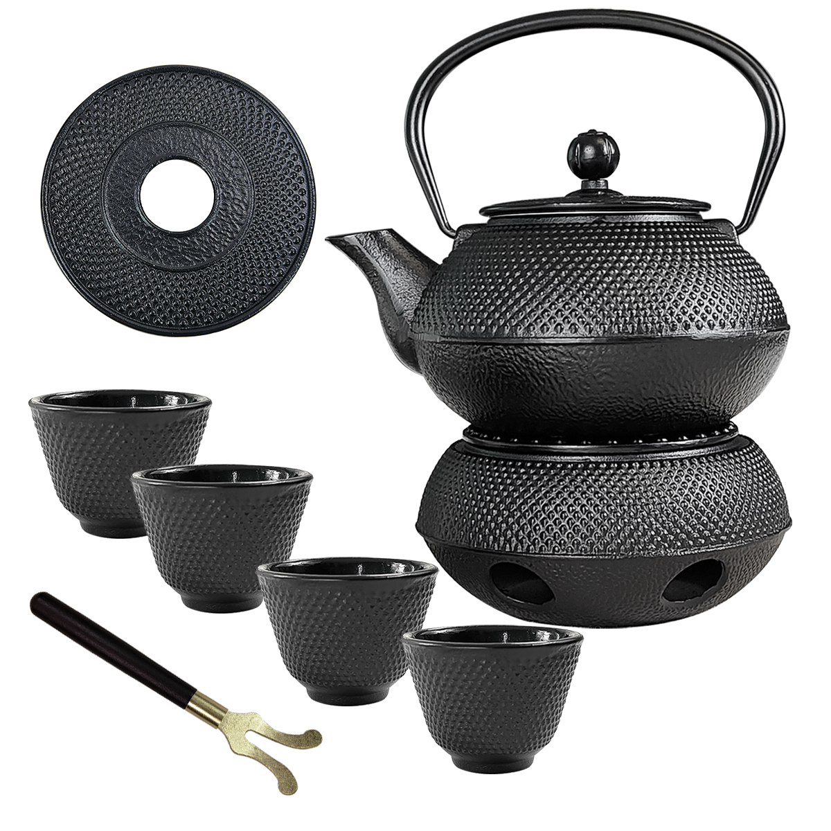 Cast Iron Tea Cup Set,Cast Iron Black Hobnail Tetsubin Teapot,Tea Cups and Saucer Warmer Set
