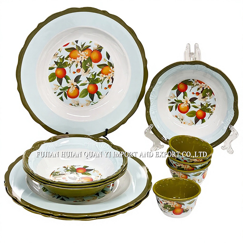 Orange Design Lace-Edged Melamine Plate & Bowl Set - Fresh Fruit Theme Tableware Suite