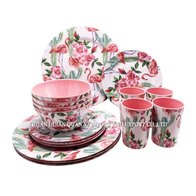 Pink Flamingo Melamine Dinnerware Set - Cute Tropical Theme Tableware for Kids & Family