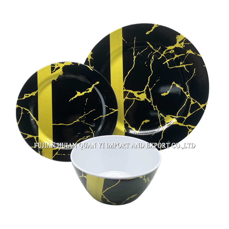 Black & Gold Marble Melamine Dinnerware Set - Luxury Modern Tableware for Elegant Dining