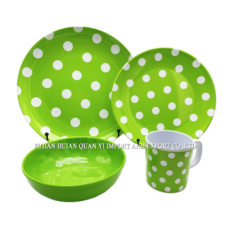 Green Melamine Dinnerware Set with Polka Dot Patterns - Classic Fresh Color Table Setting