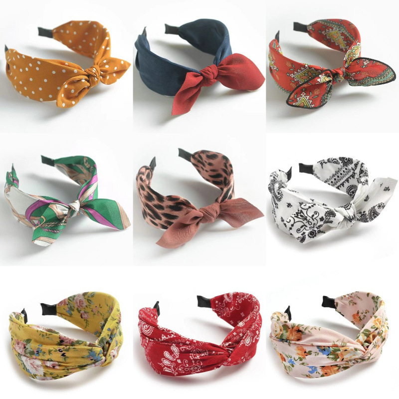 Vintage Polka Dot Bow Headband with Rabbit Ears Wide Square Scarf Hairband for Women
