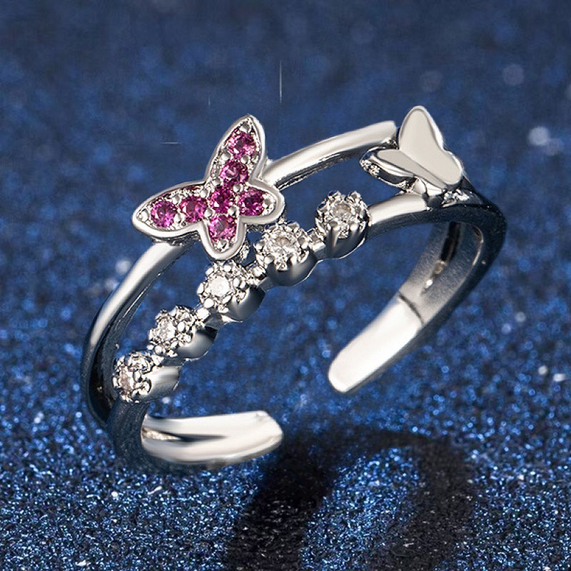 Women's Double Layer Butterfly Ring, Micro Paved CZ, Minimalist Fairy Fashion Ring