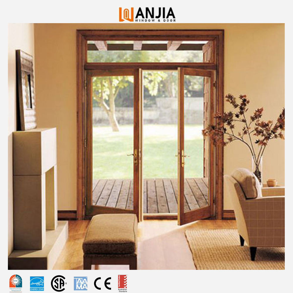 WANJIA Modern House Casement Doors Soundproof Patio Front Entry French Door Aluminum Wooden Door