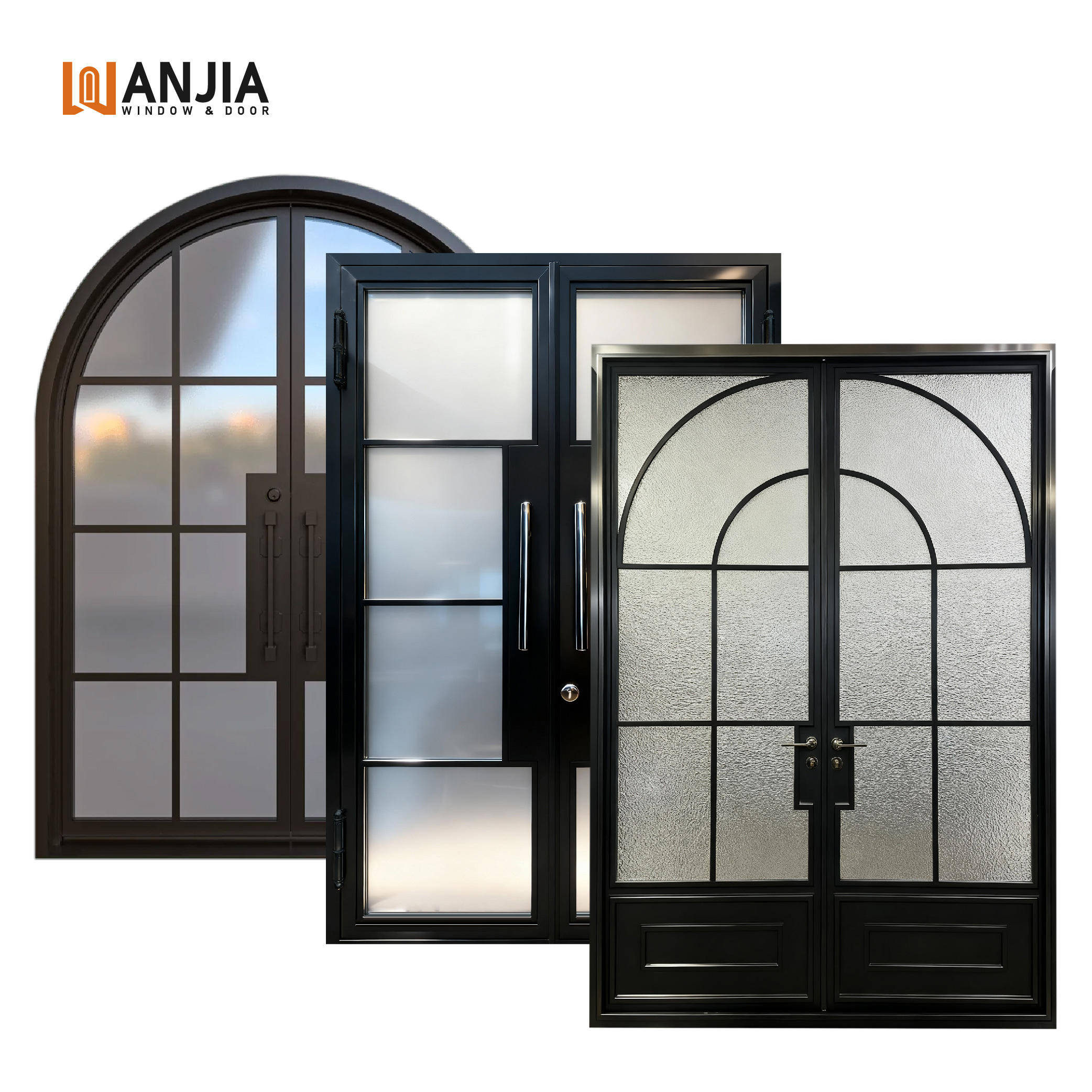 Modern Iron Security Arches Finished Entry Door for Luxury Villas Waterproof Front Wrought Iron Door