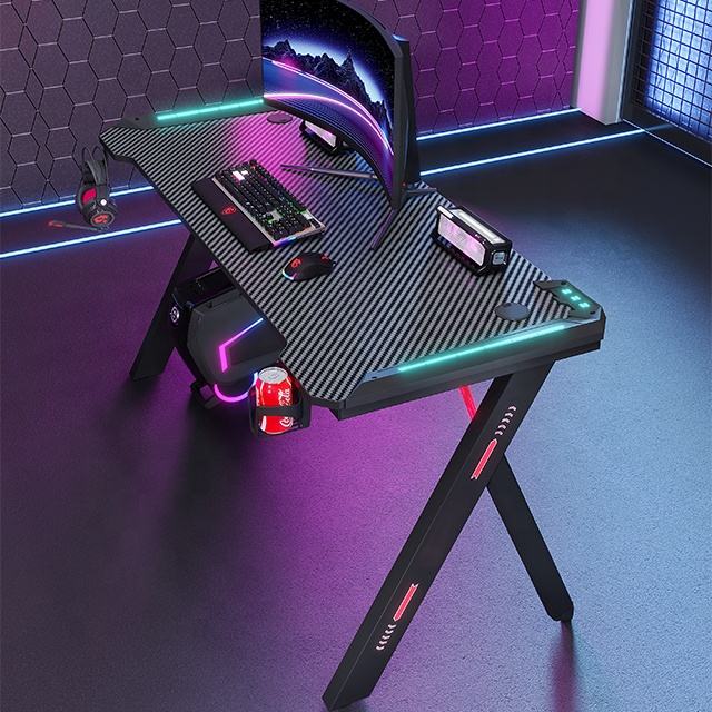 Z-shaped computer for work, home office, computer desk, modern gaming desk with LED lights