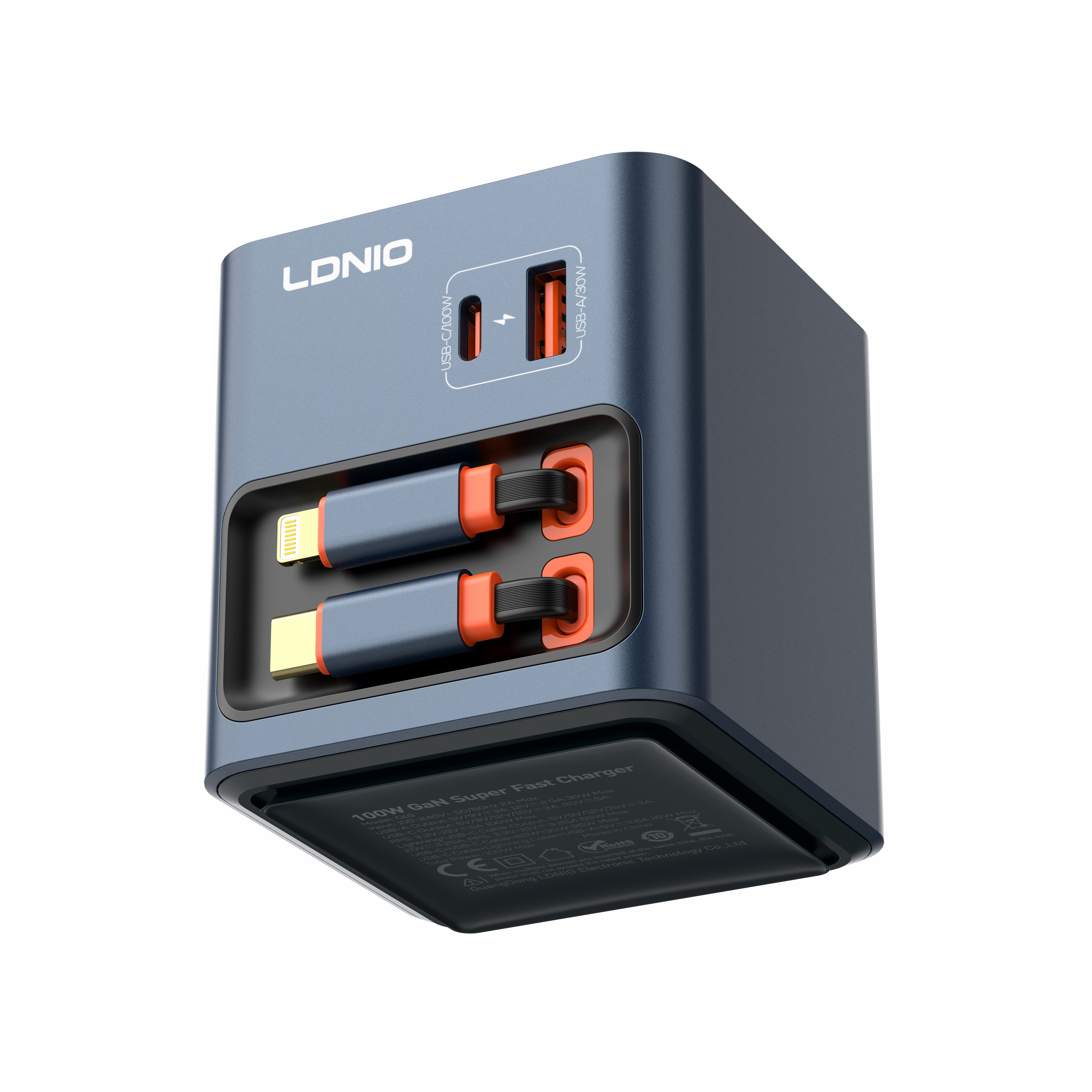 LDNIO 100W GaN Retractable Cable Type-C USB-A PD+QC Fast Charger Multi-Function Adapter for Desktop