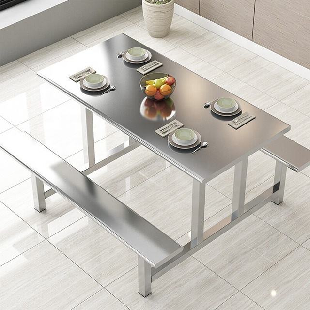 School stainless steel dining table set, cafeteria buffet table and chairs