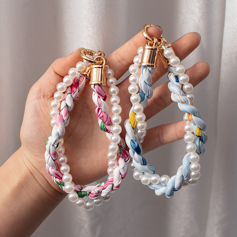 Short Wrist Strap for Phone Case with Braided Scarf and Pearl Decor Luxury Style
