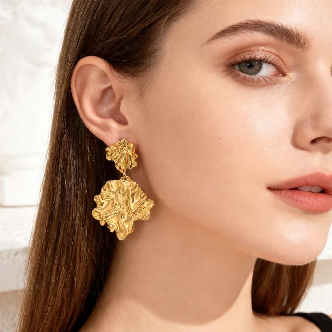 Gold Hammered Leaf Stainless Steel Earrings for Women, Luxury Statement Pendant Studs