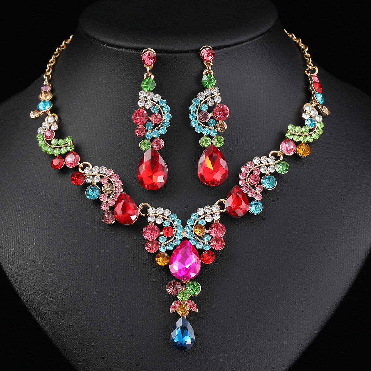 Gold Jewelry Set for Women, 3 Pieces Necklace Earrings Set, Luxury Bridal Wedding Accessories