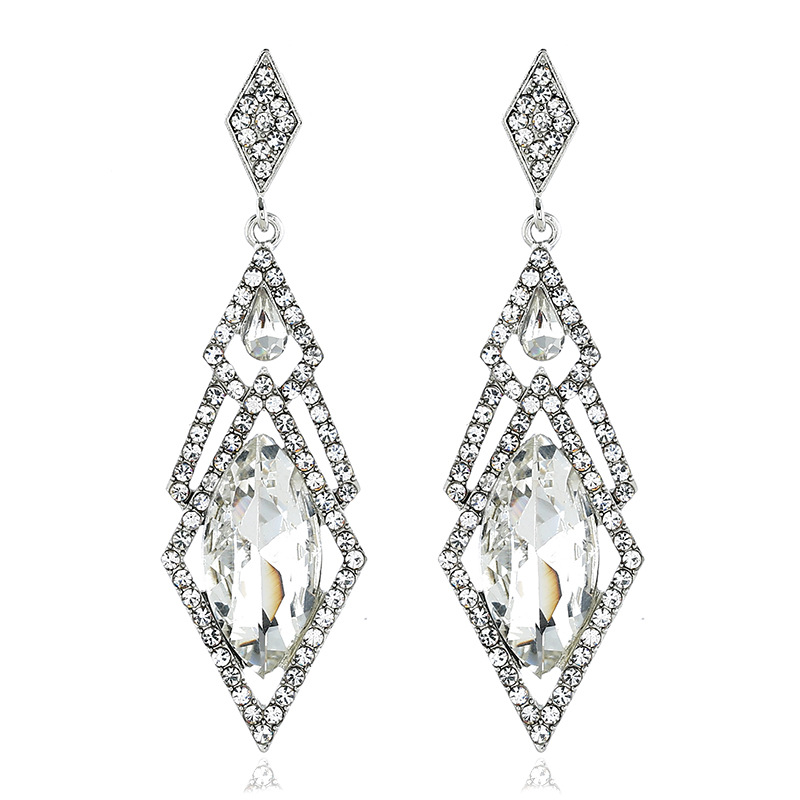 Long Geometric Rhombus Crystal Dangle Earrings for Women, Elegant Party Prom Jewelry
