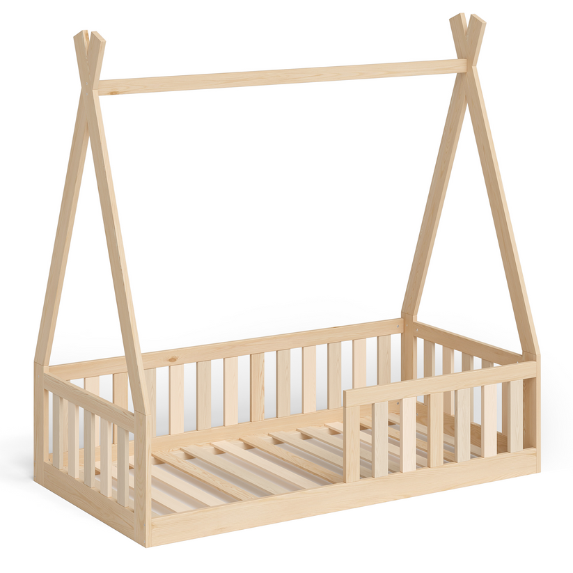 Floor bed 70x140 cm, natural varnished, solid pine, including roll-up slatted frame