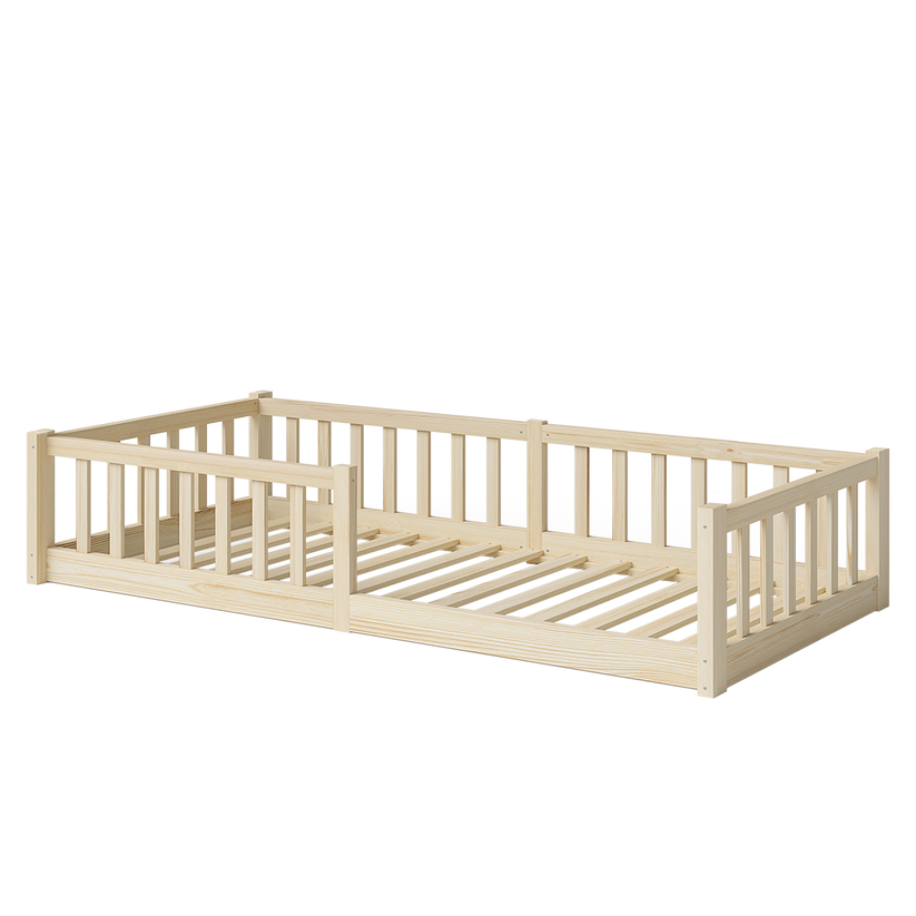 Floor bed 90x200 cm, natural, solid pine, including slatted frame and fall protection