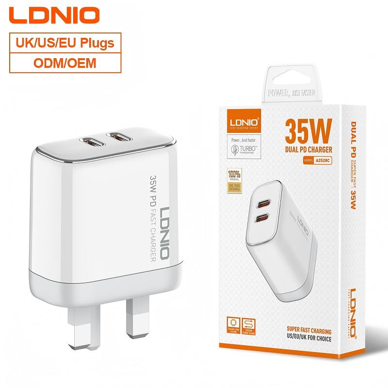 LDNIO A2528C Mobile Phone Usb C Pd Fast Charger 30w Dual USBC Type-c Fast Charger for iPhone 15 14