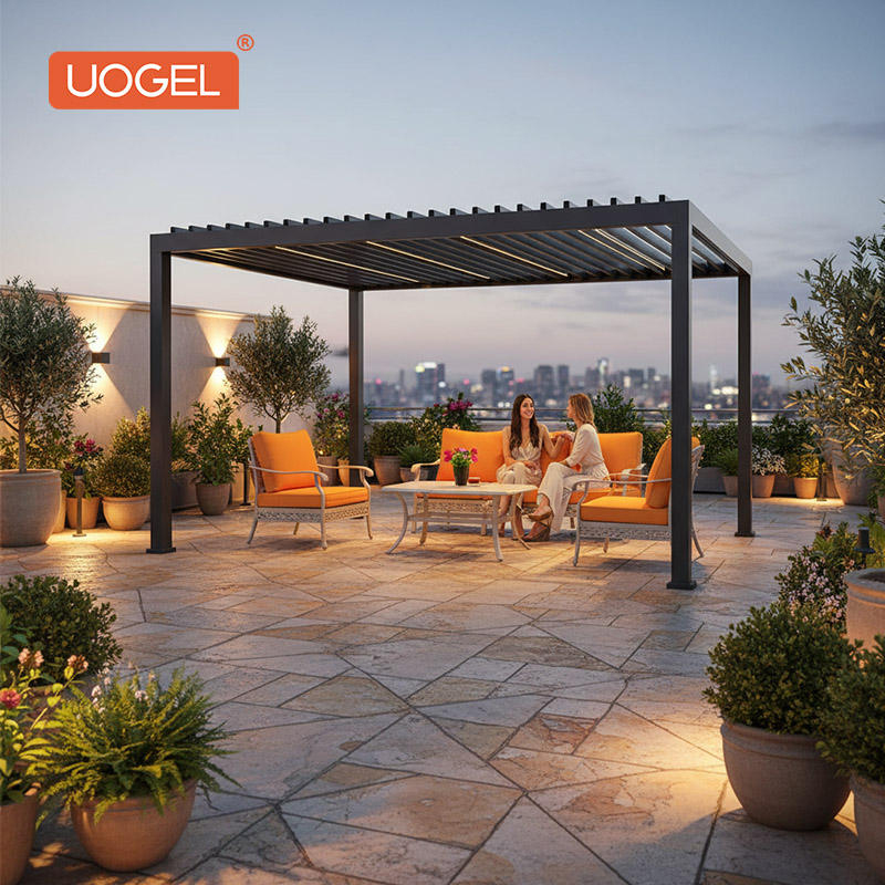 UOGEL Custom Aluminum Pergola with Fan – Bioclimatic, Motorized, Powder-Coated Frame, Easy Assembly