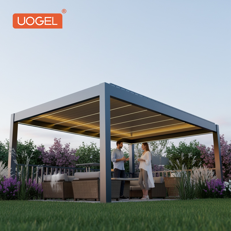 UOGEL– Bioclimatic Motorized Aluminum Pergola | Grey Waterproof Roof | Gazebo & Patio Set |