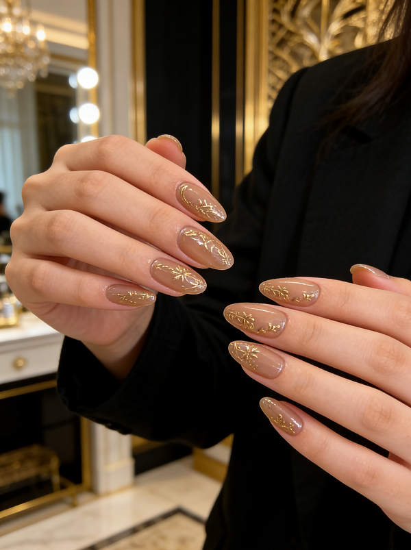 Nude Brown 3D Gold Foil Vine Almond Press-on Nails, 12pcs/Set