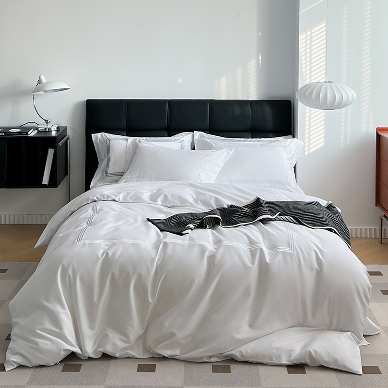 White Embroidery 100 Cotton Satin Bedding Sets