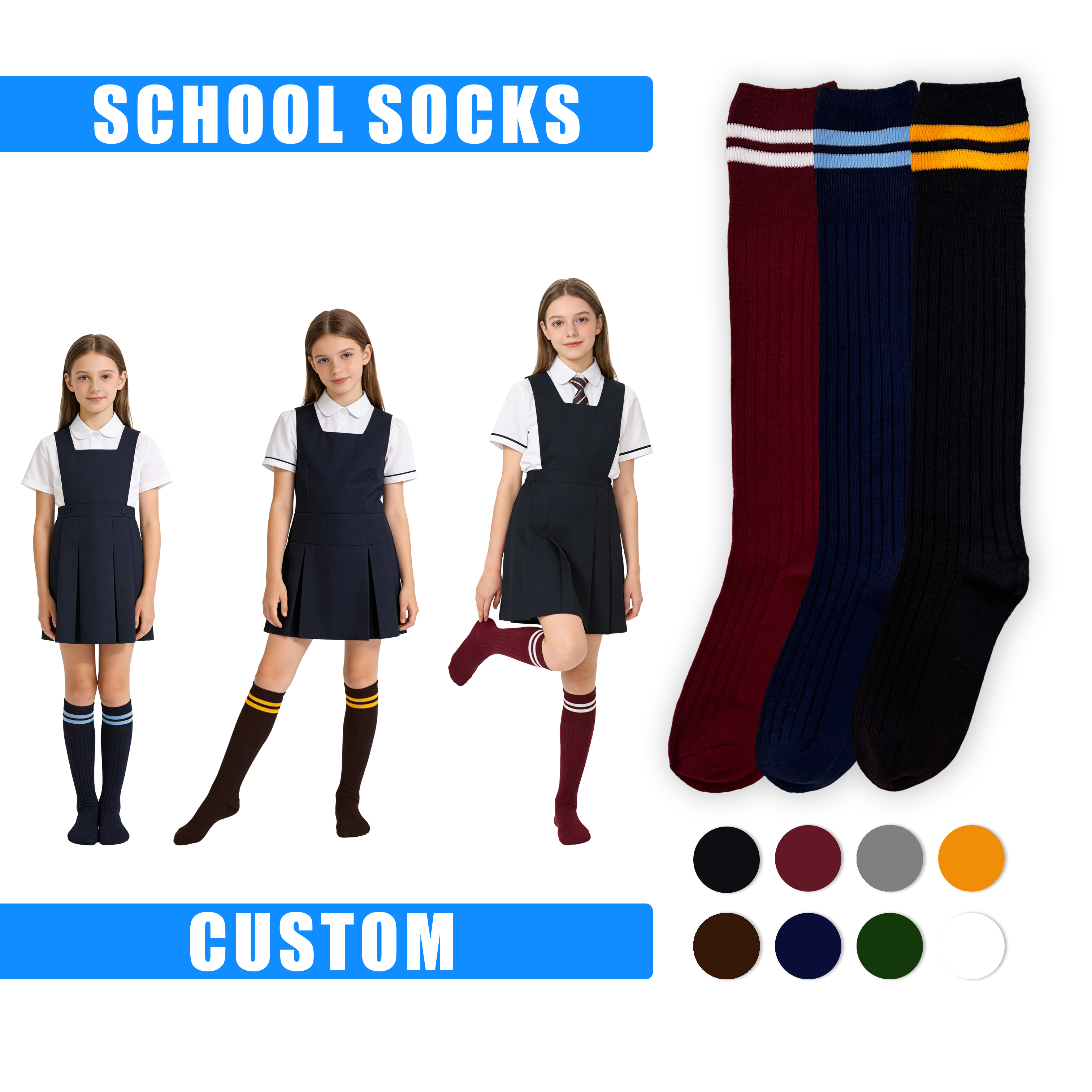 HUAYANG Custom Kids School Socks Uniform Knee High Socks Back to School Knitting Socks