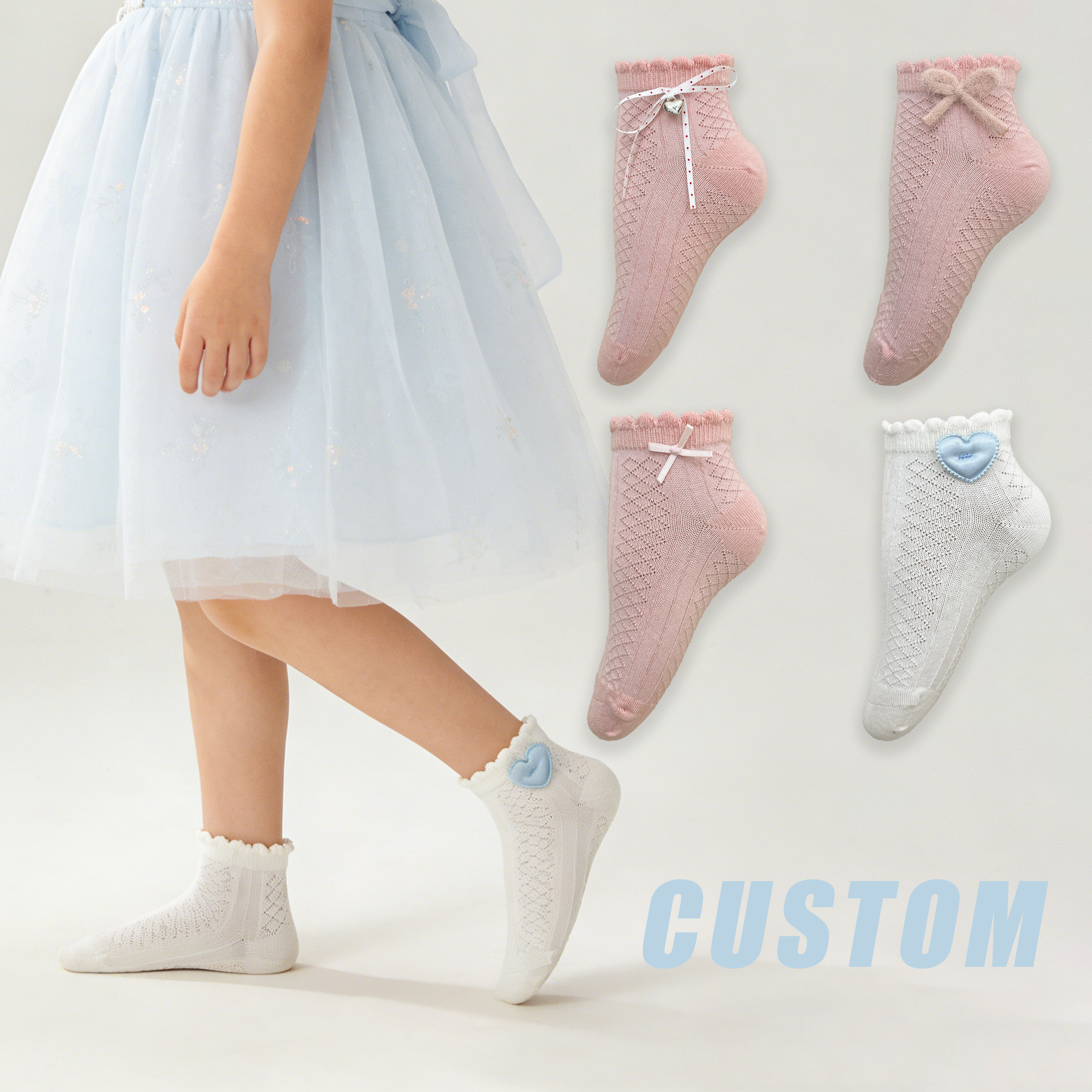 HUAYANG Custom Kids Ankle Ruffled Knitted Breathable Cute Socks Dress Wear Bow Tie Socks for Girls
