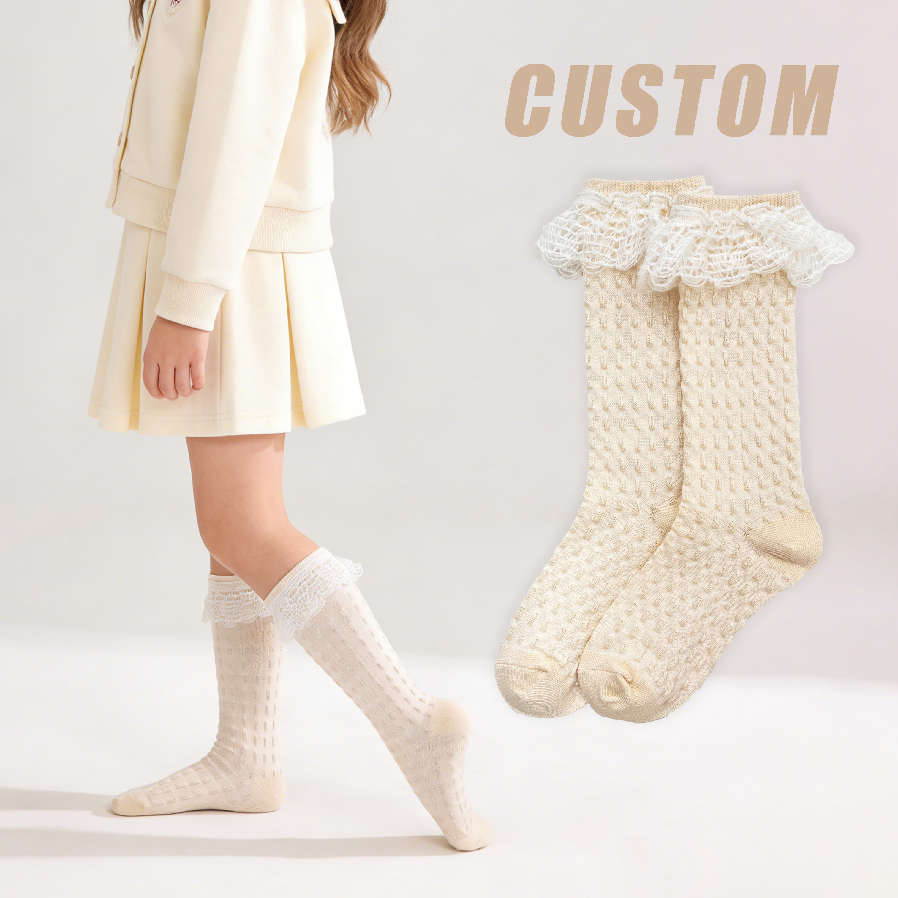 HUAYANG Custom Girls Ruffled Knitting Socks Breathable Calf Socks Lace Decoration