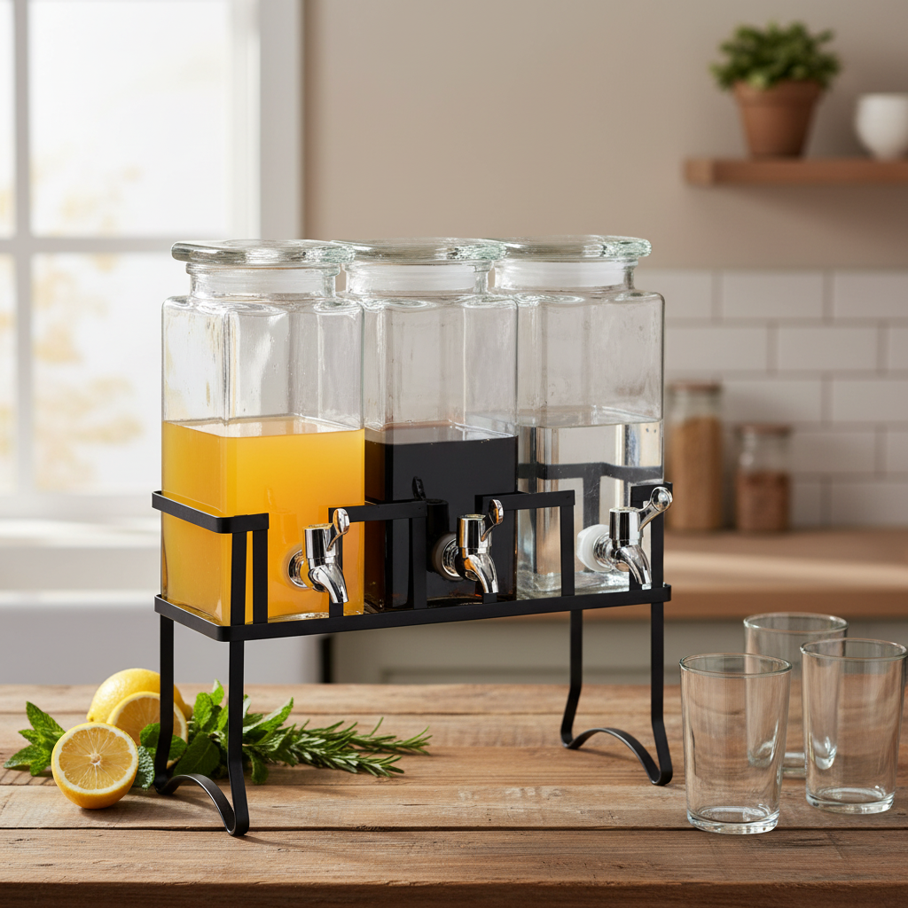 3pcs glass beverage dispenser with metal rack and plastic tap