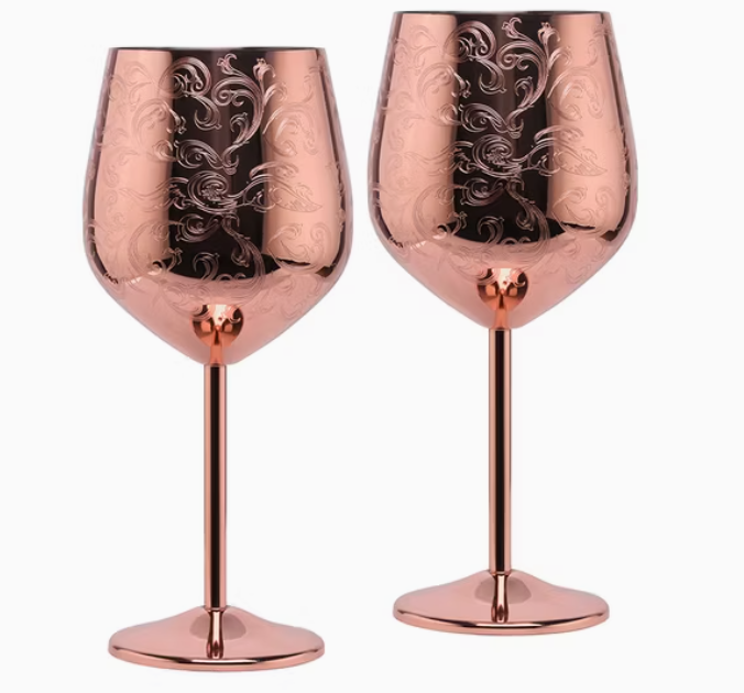 Unbreakable Engraved Copper Rose Gold Stemmed Wine Cup Stainless Steel Wine Glass