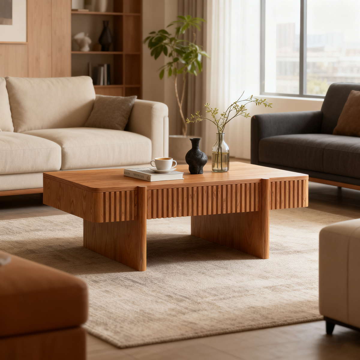 Modern Wooden Square Coffee Table with Fluted Textured Detailing