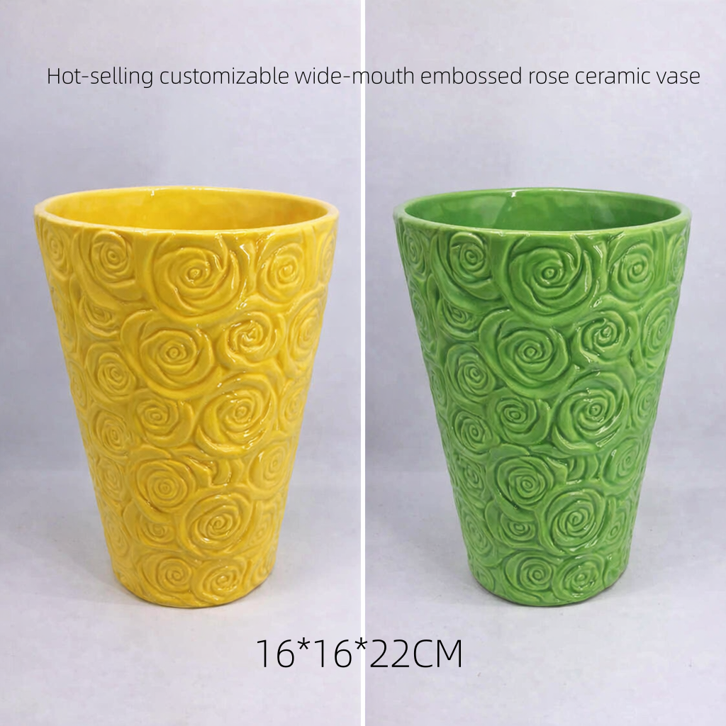 Hot-selling customizable wide-mouth embossed rose ceramic vase