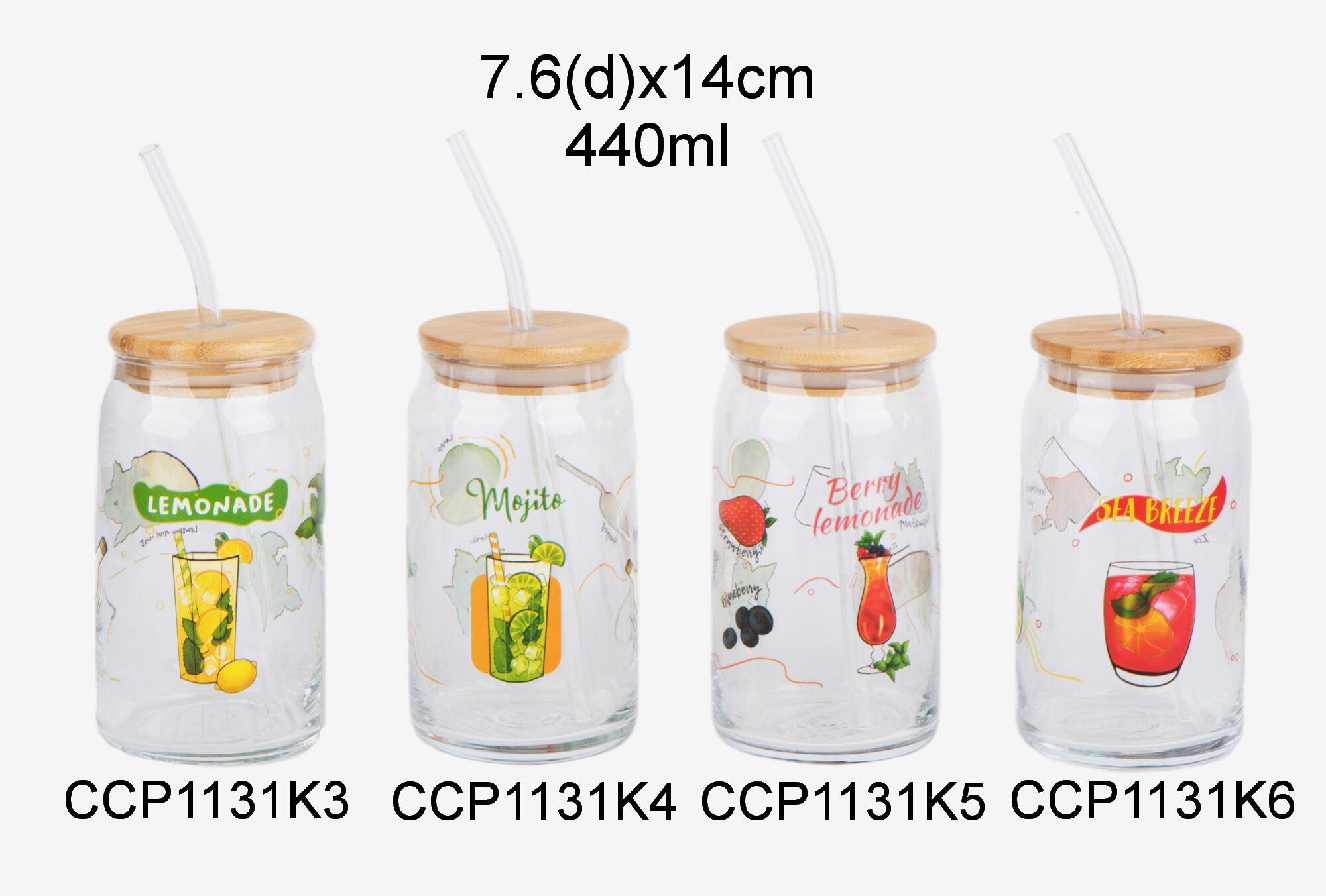 glass cup with bamboo lid and straw with decal printing