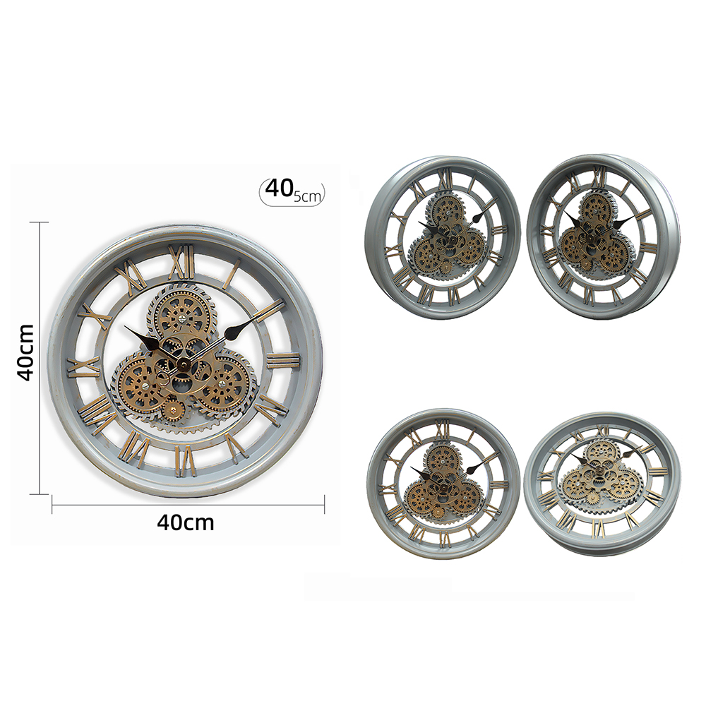Hollow-Out Plastic Wall Clock With Distressed Silver Frame and Gold Moving Gear