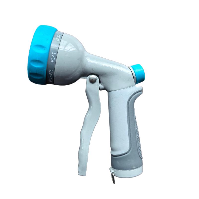 7-Function Zinc Alloy Adjustable Flow Garden Water Gun (Blue, Gray Rubberized Handle)