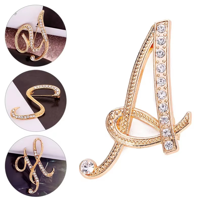 Factory Wholesale Letter A-Z Brooch Pins Initial Rhinestone Brooches for Women