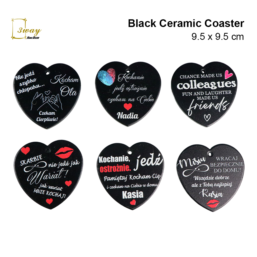 SquareFit Black Ceramic Coaster Heart Shape 9.5x9.5 cm