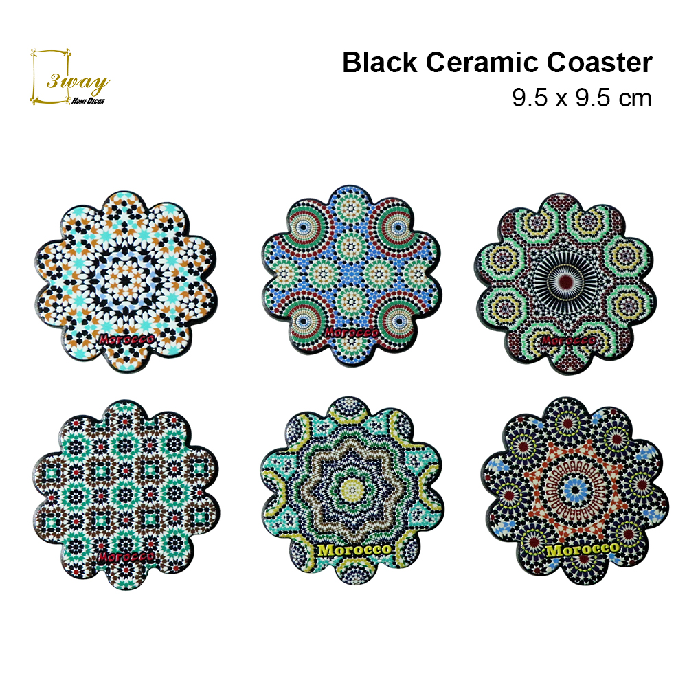 SquareFit Black Ceramic Coaster Flower Shape 9.5x9.5 cm