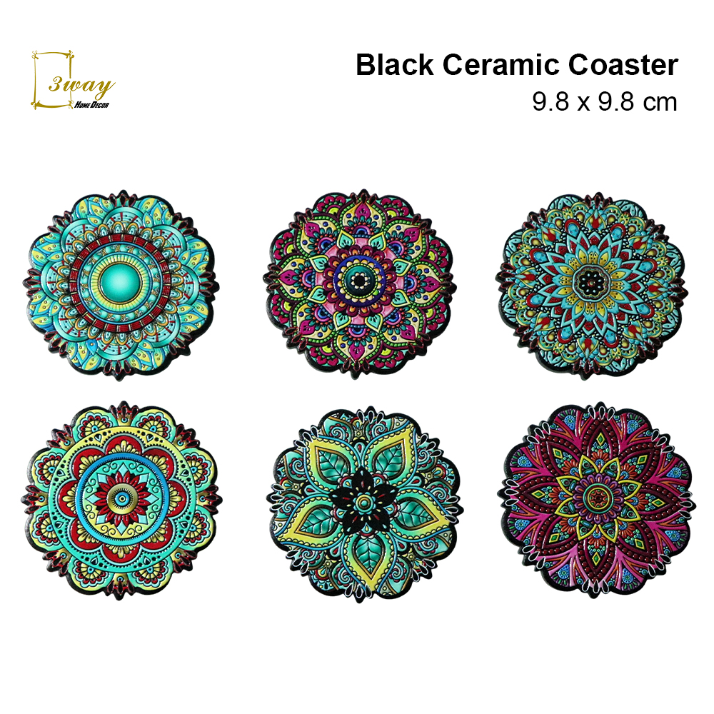 SquareFit Black Ceramic Coaster Flower Shape 9.8x9.8 cm
