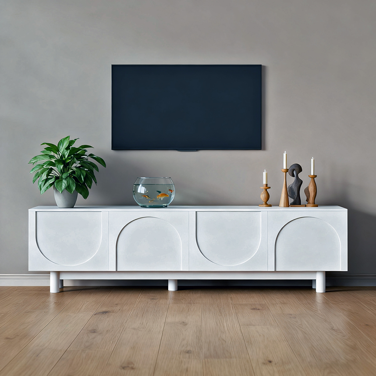 Modern White TV Stand with Arched and Curved Door Design